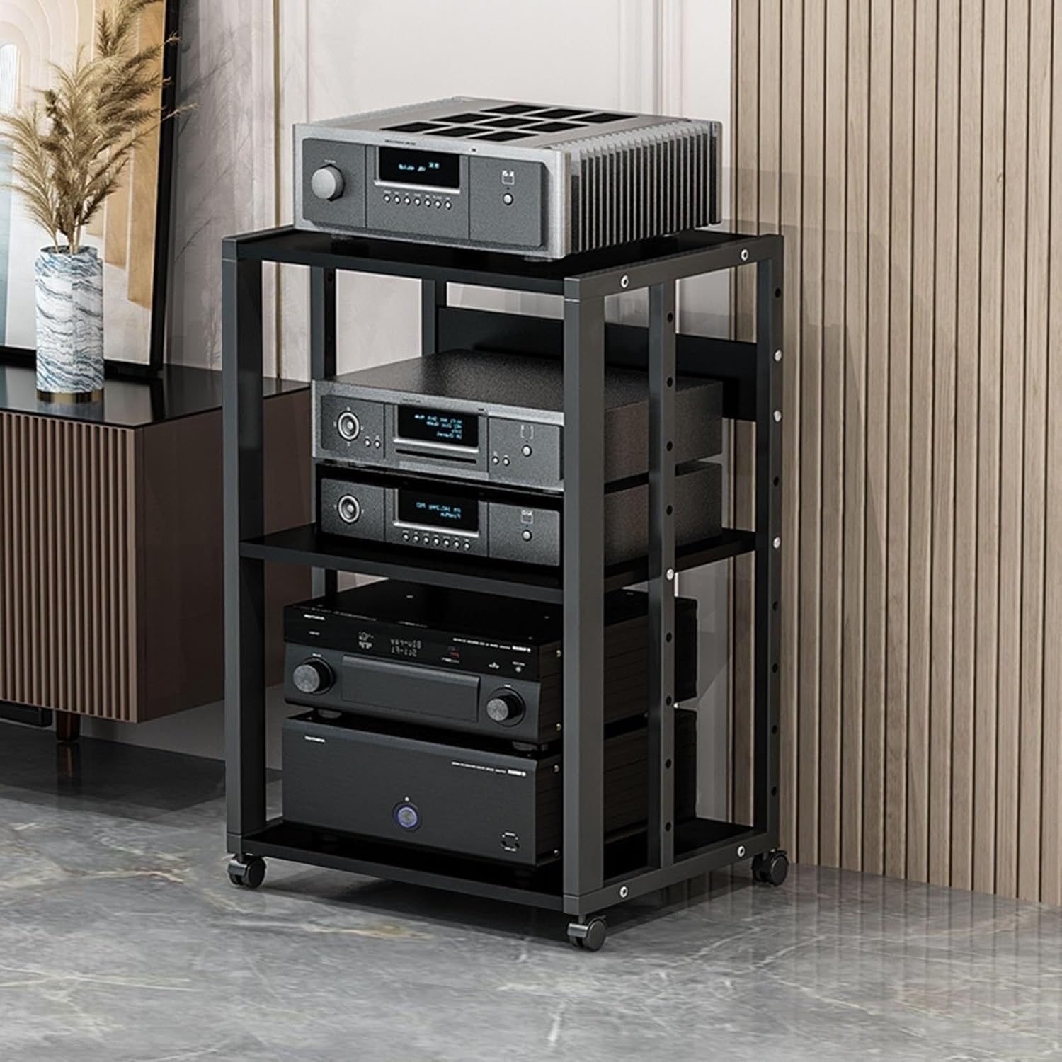 3/4/5-Tier AV Media Stand Cabinet Floor-Standing Audio Rack CD Player Stand Home Corner TV Stand Stereo Components Cabinet Multi-Function Open Storage Shelf with Wooden Shelves (Color : Black - A