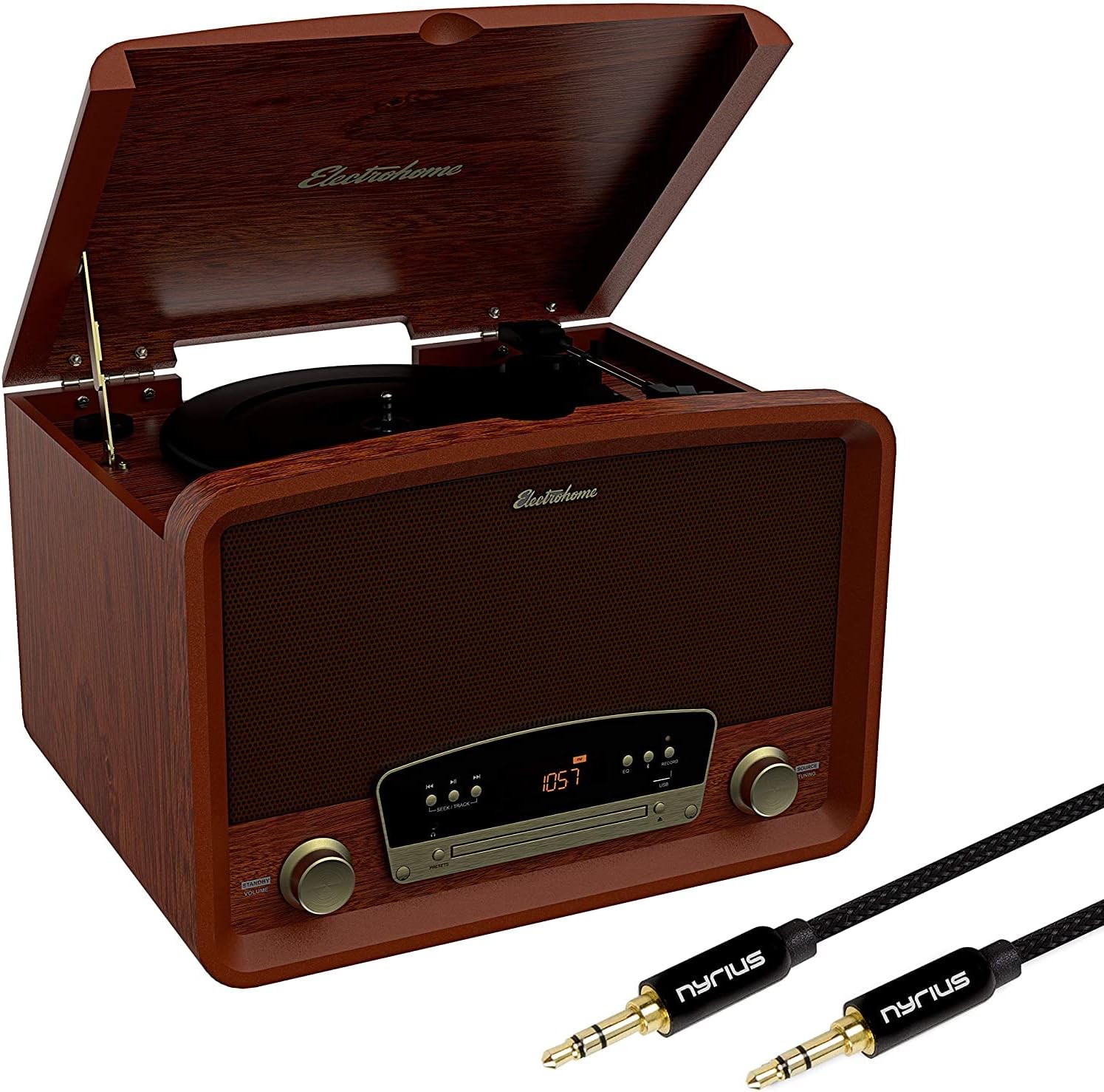 Electrohome Kingston 7-in-1 Vintage Vinyl Record Player Stereo System with 3-Speed Turntable