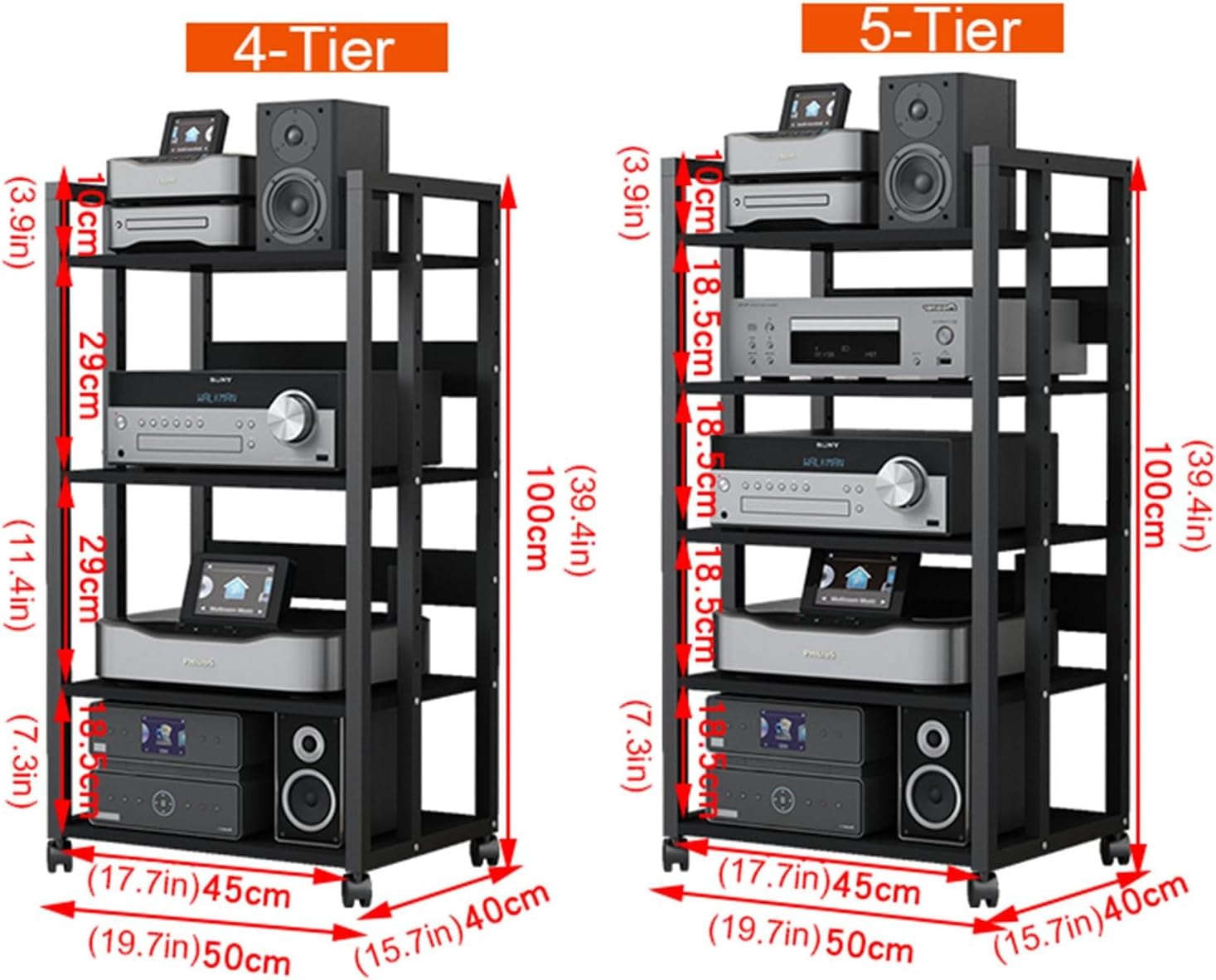 4/5-Tier Media Stand Movable Storage Cart Audio/Video Component Cabinet CD Player Stand Stereo Rack Open Audio Tower with Height Adjustable Wooden Shelf for Home/Office/Theater (Size : 4-Tier)