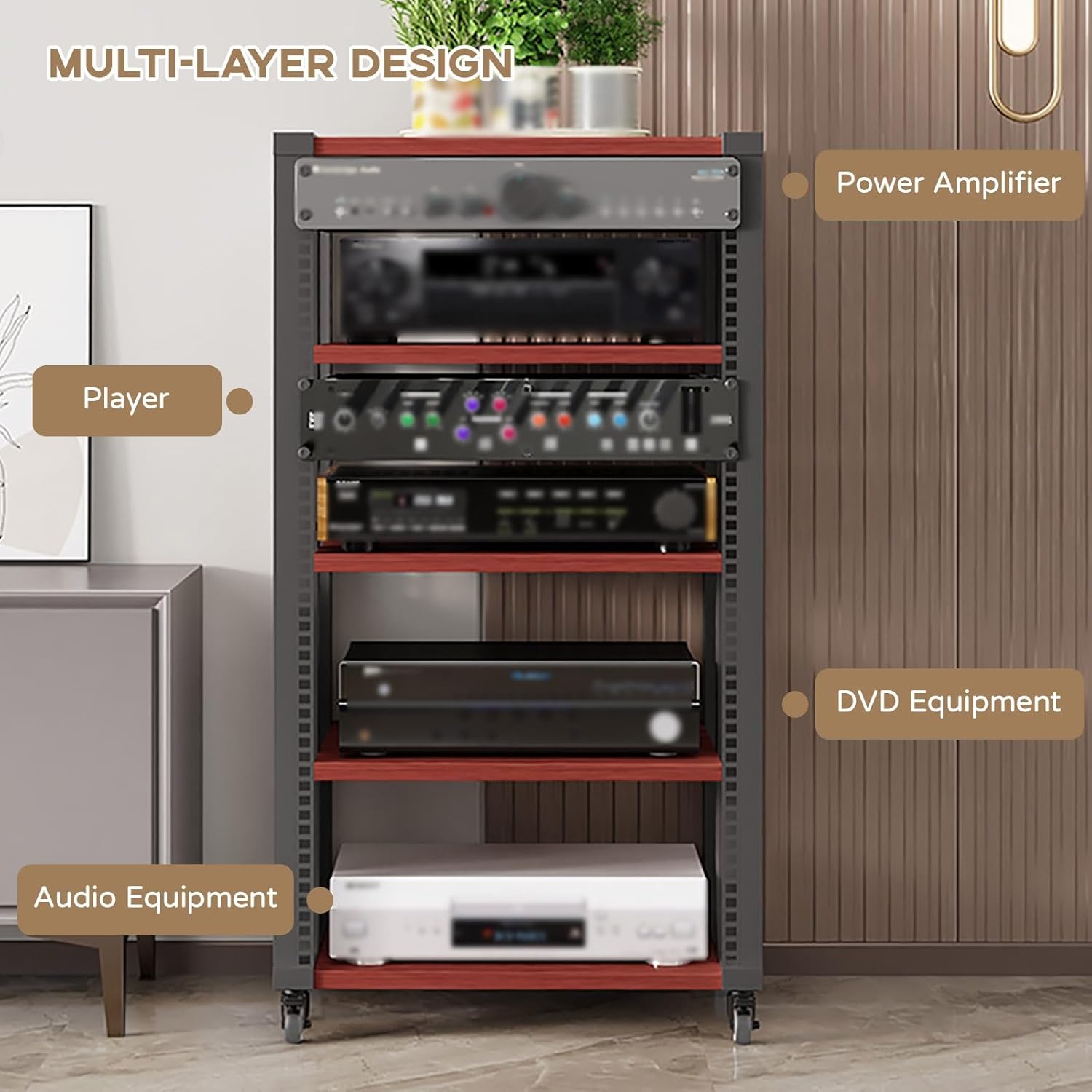 Sepsephiria AV Media Stand with Wheels 2/3/4/5 Audio Rack Tower Gaming Shelves Shelf Height Adjustable Stereo Racks and Stands loor Standing Removable Stereo Cabinet Easy to Assemble(Teak