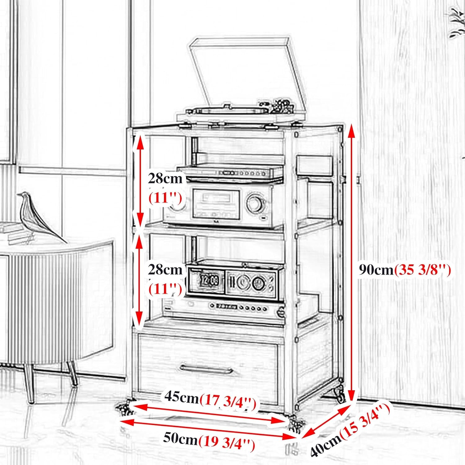 Audio-Video Shelving with Adjustable Shelves and Sliding Wheels