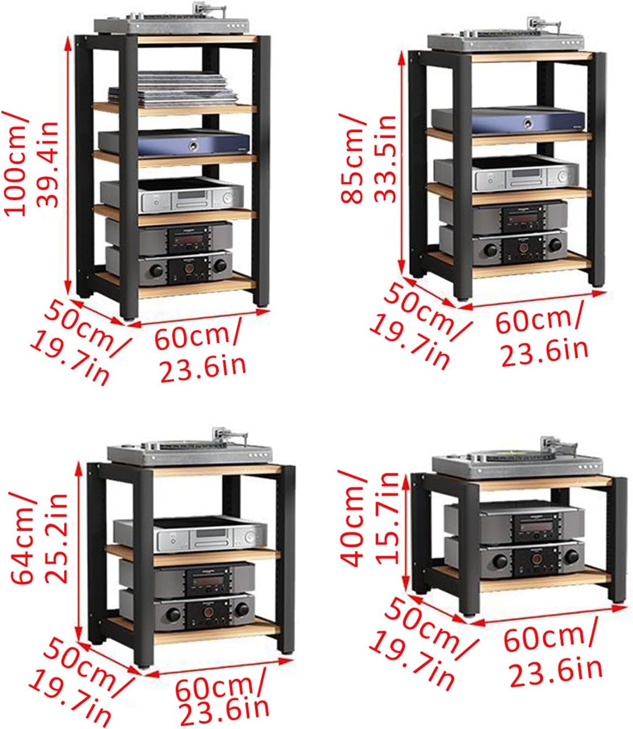 POWRZZZY Stereo Stand 4-Tier AV Media Stand Corner Shelf Record Player Stand with Vinyl Storage Movable Audio Rack Tower Player Stand for Entertainment Stereo Components for Gaming(Teak