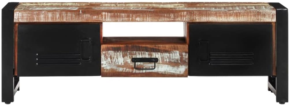 TV Cabinet Mixed Colors Solid Reclaimed Wood Glass TV Stand Sturdy Metal Frame Brown Solid Pinewood for Entertainment Center 47.2 x 11.8 x 15.7 in