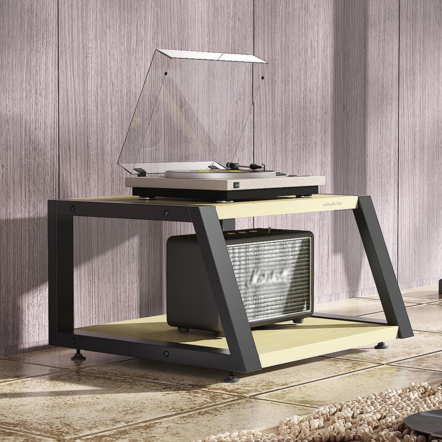 Walnut Record Player Stand with Storage - Vinyl Stereo Rack & Audio Tower for Living Room & Bedroom