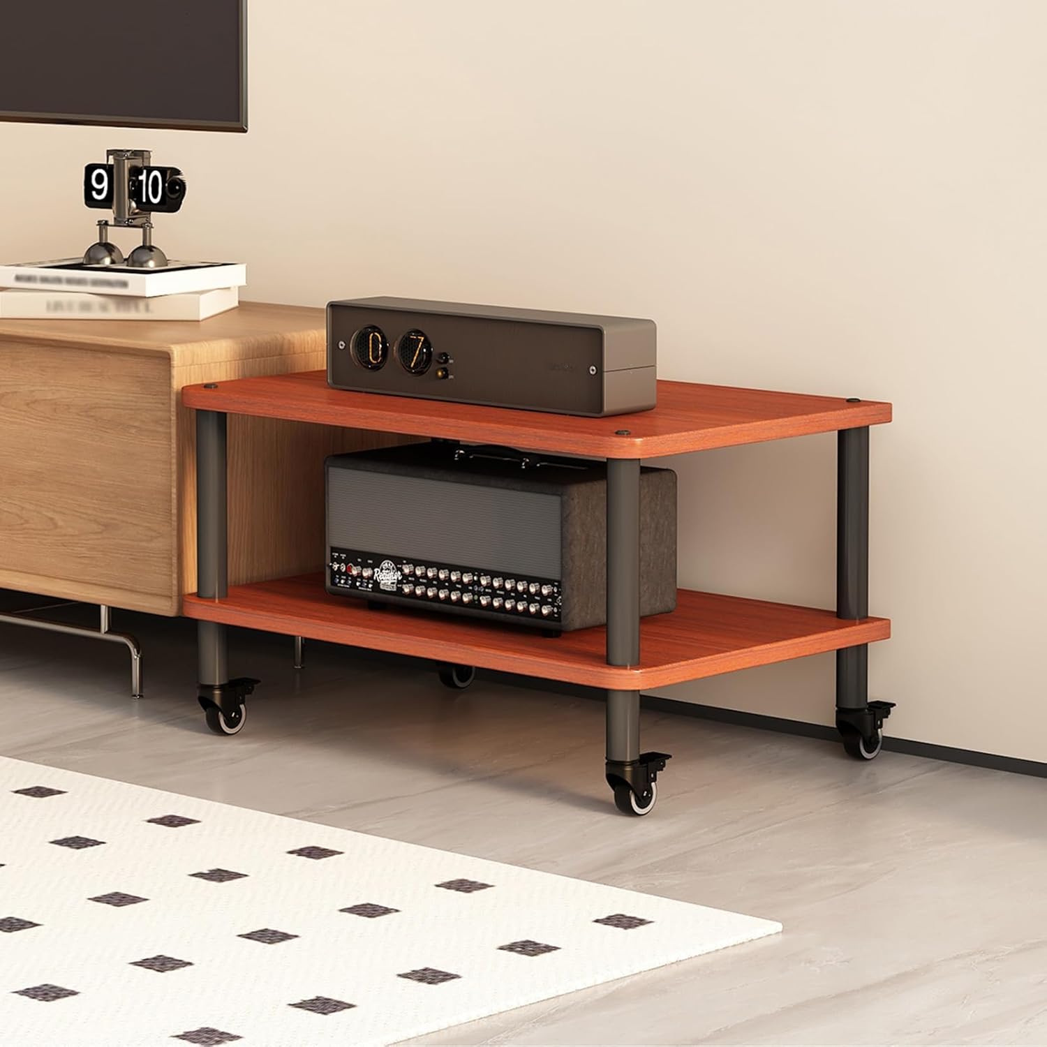2/3/4 Tier AV Media Stand CD Player Stereo Component Cabinet Floor-Standing/Movable Storage Shelf with Height Adjustable Wooden Shelves for Home/Office/Theater