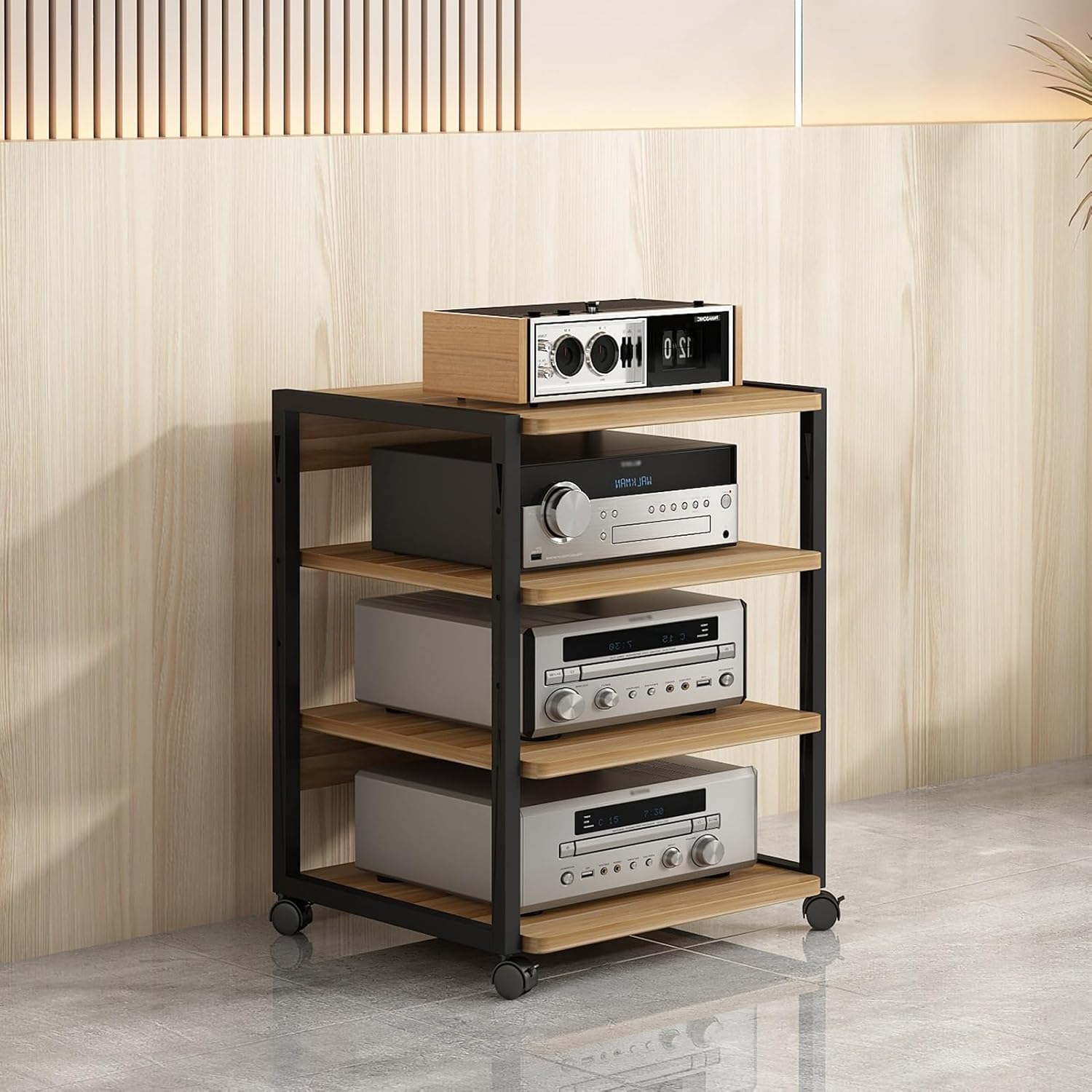 KOMFGT Modern 4-Tier Av Media Stand Cabinet Stylish Corner Entertainment Center with Wooden Storage Shelves & Cd Rack for Game Consoles 50X40X69.5Cm Audio Video