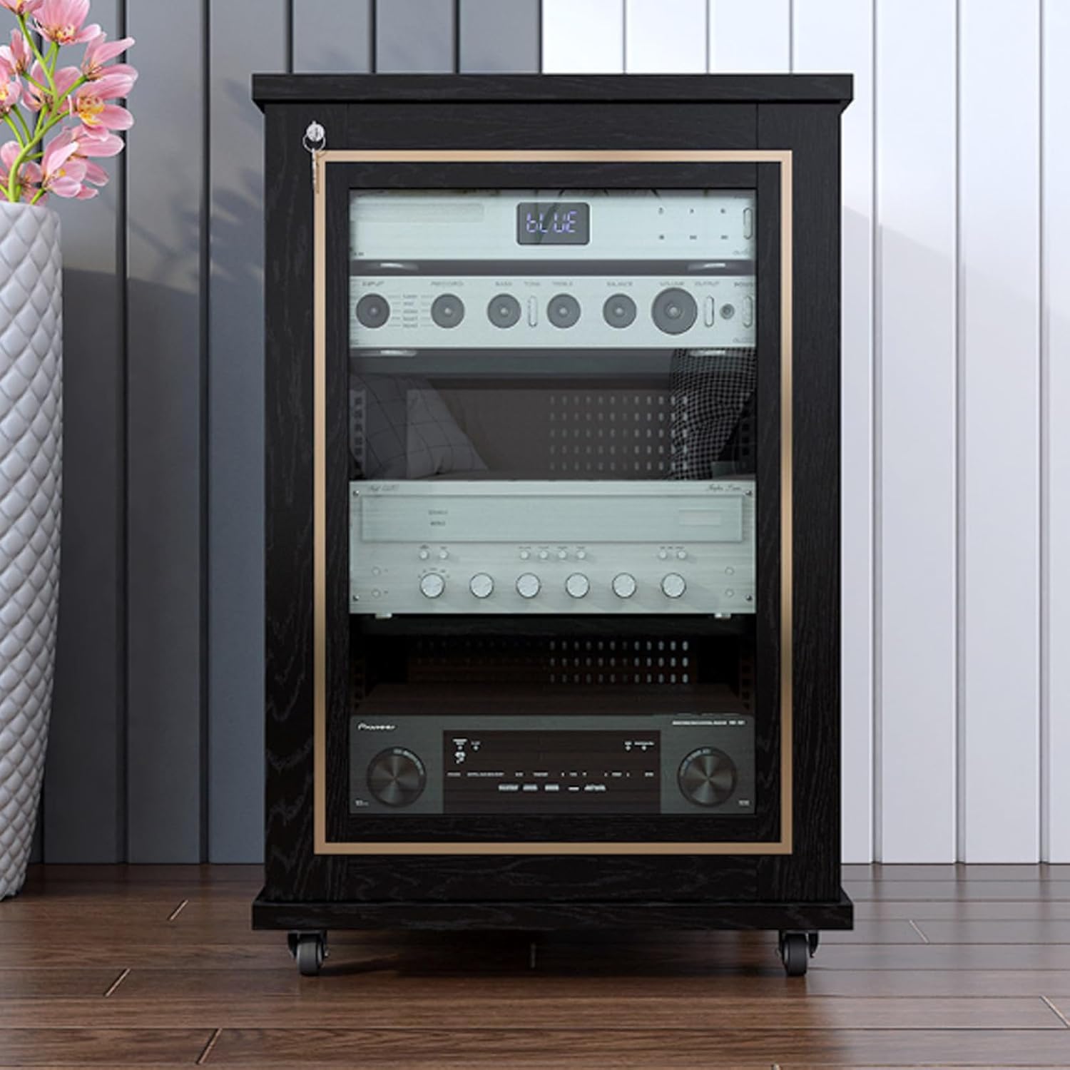 YITAYMLI Movable Audio Video Rack Wooden with Glass Doors AV Component Media Stand Cabinet with Adjustable Shelves Home DVD Stereo Storage Cabinet Metal Ventilation mesh(Black