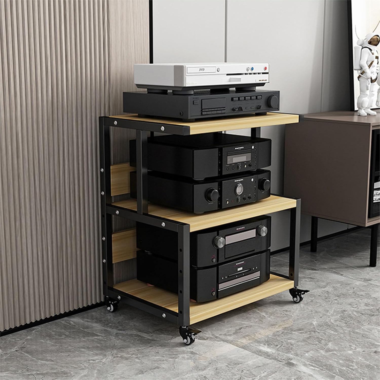 3/4/5-Tier Modern Media Stand Audio Video Component Cabinet Stereo Rack Multi-Functional Open Storage Rack with Height Adjustable Wooden Shelf for Home/Office/Theater(Color:A