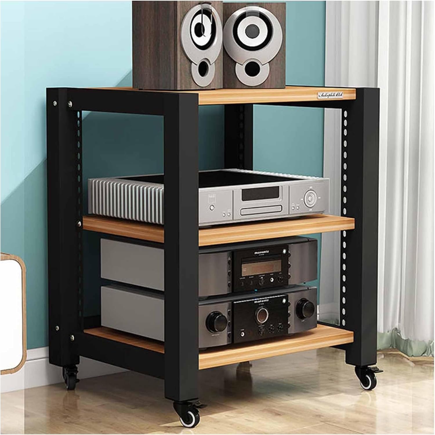 OVOGGPAN Open AV Media Cabinet Stand Stereo Component Storage Cabinet Height-Adjustable Shelves AV Media Shelf for Living Room/Bedroom/Farmhouse Standing(Pomelo Wood