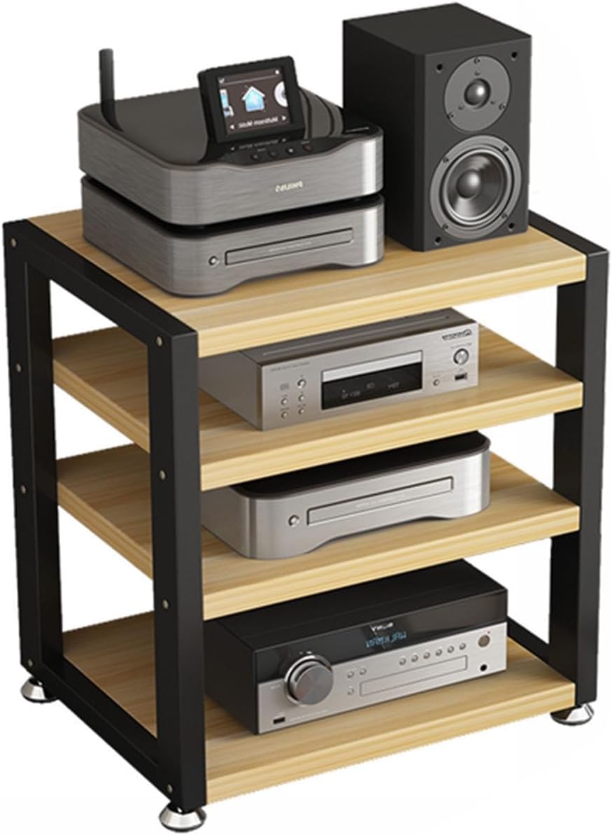 4 Tier Desktop Media Stand Audio Video Components Cabinet Stereo Rack Multi-Function Open Storage Shelf with Wooden Shelves and Steel Frame for Home/Office/Theater (Color : A