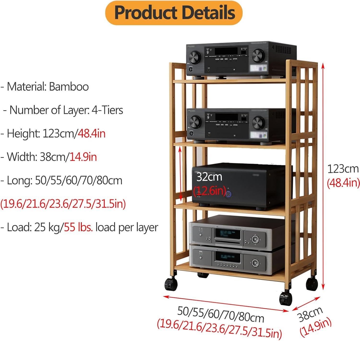 DFEDHF Large Capacity Audio Rack Media Stand - 2/3/4/5 Floor Adjustable Shelf Stereo Rack System Cabinet - Heavy Duty AV Media Stand Easy Assembly for Home & Commercial Use