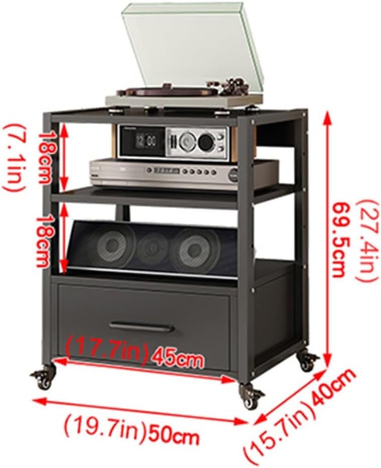 Media Stand Movable AV Media Stand Component Cabinet Open Storage Corner TV Stand Record Player Stereo Rack Audio Tower with Height Adjustable Wooden Shelves and Drawer for Home/Office/Theat