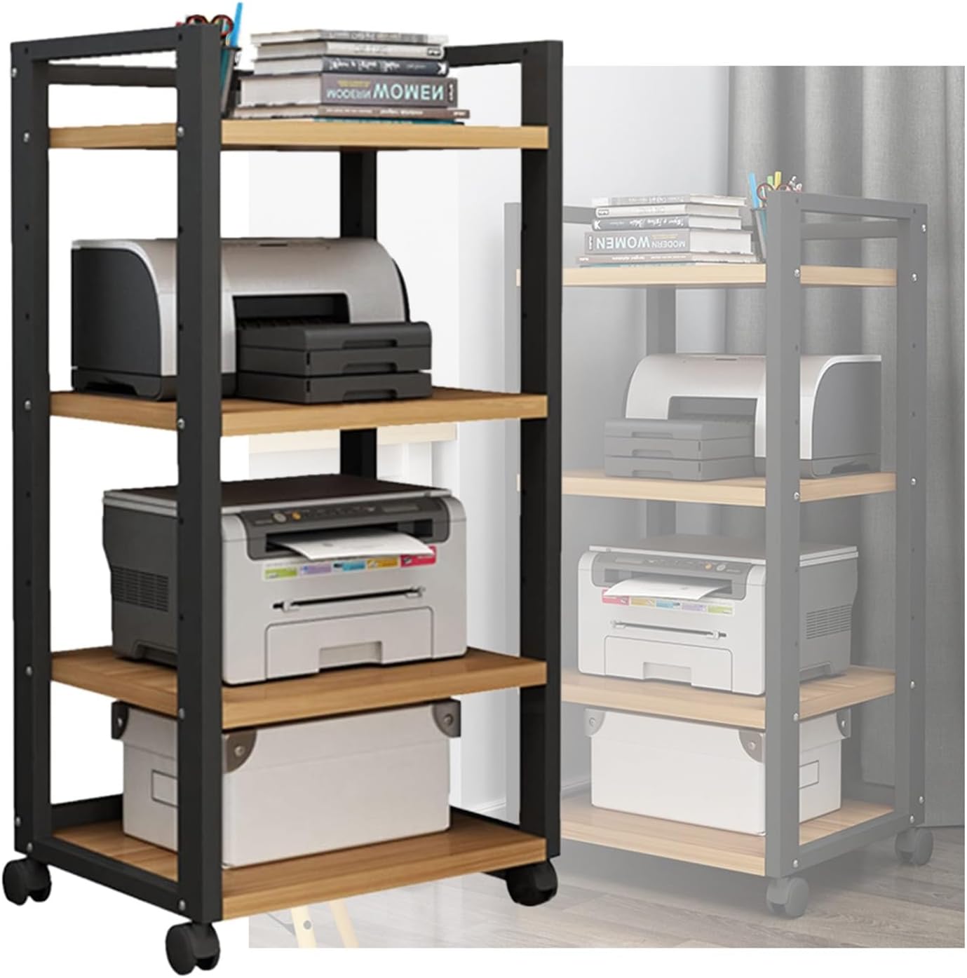 YLQFGUVWK 4 Tiers Removable AV Media Cabinet Stand Assembly Cabinet Storage Rack Home Storage Book Shelf Floor Stand Open Storage Cart with Wheels Office Printer Stand