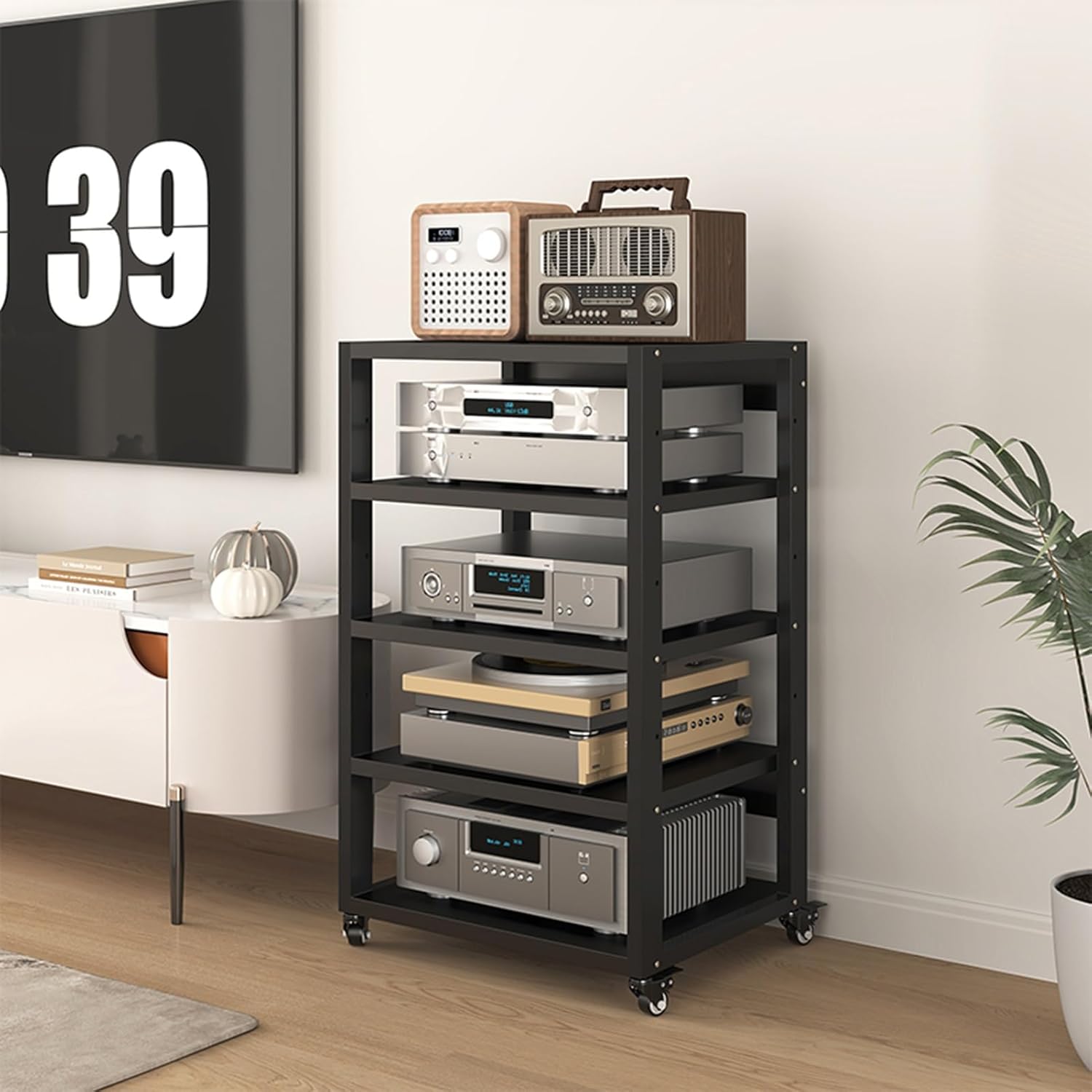 UYCVT Movable Media Stand Heavy-Duty 5 Tier Movable Media Stand Ktv Entertainment Stereo Storage Cabinet Cd Player Stand