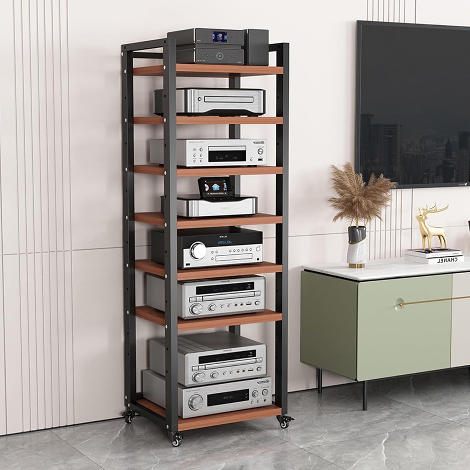 Movable 7-Tier AV Media Stand Corner Open Storage Shelf DVD CD Player Stand Stereo Component Cabinet Audio Rack Tower with Height Adjustable Wood Shelf for Home/Office/Theater (Color : A