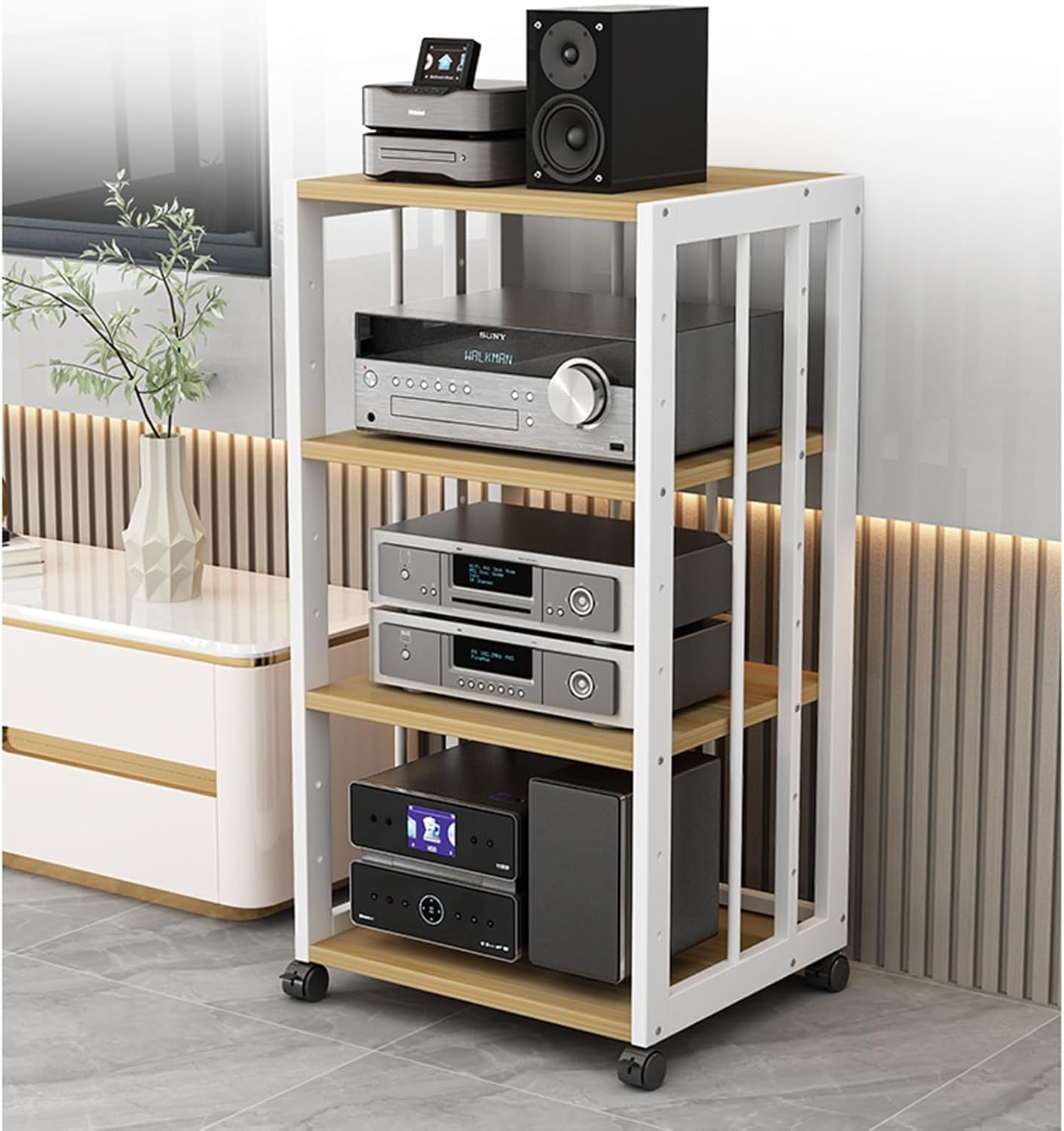 YLQFGUVWK 4-Layer Media Storage Cabinet Video Rack CD Player Stand Stereo Component Storage Cabinet for Home/Office/Audio Video/DJ/Theater with Height Adjustable Wooden Shelf(Color 3)