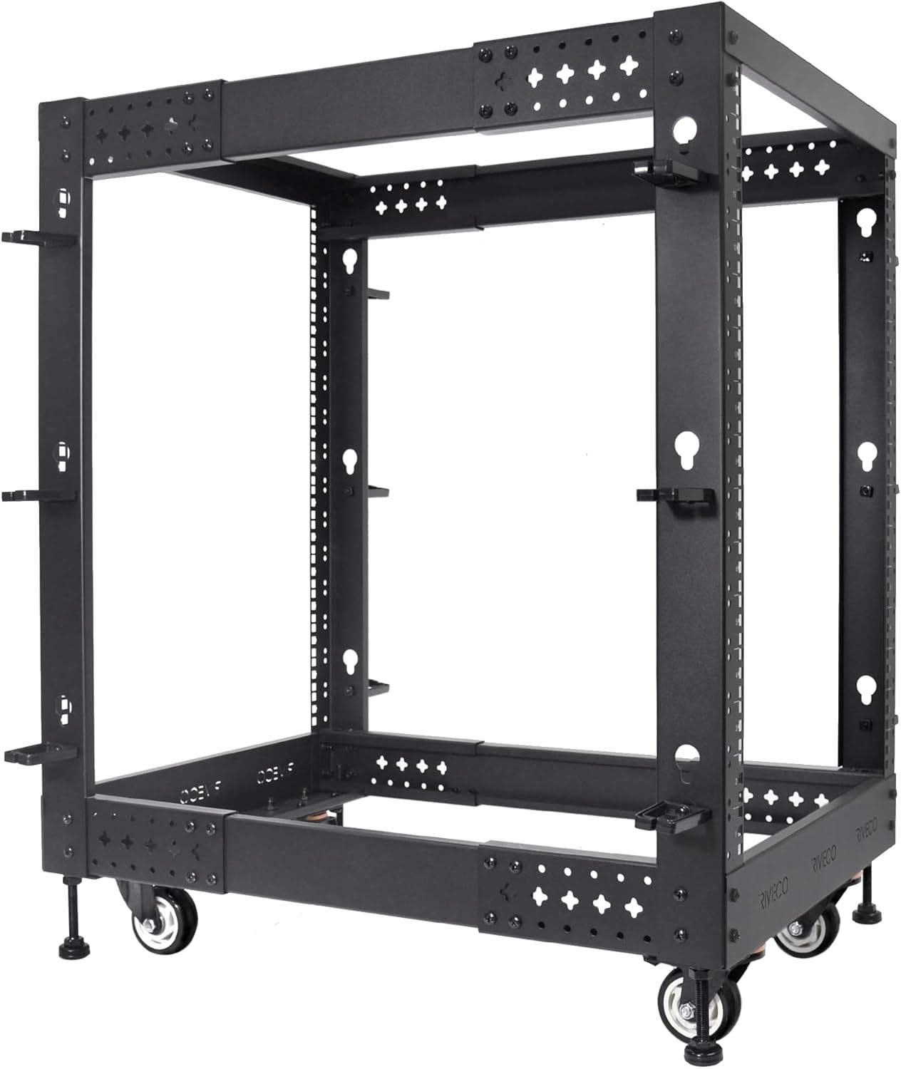 RIVECO 15U Server Rack Adjustable Depth Network 4 Post Cabinet Open Frame with Leveling Feet & Wheels Fully Rivets 1400 LBS