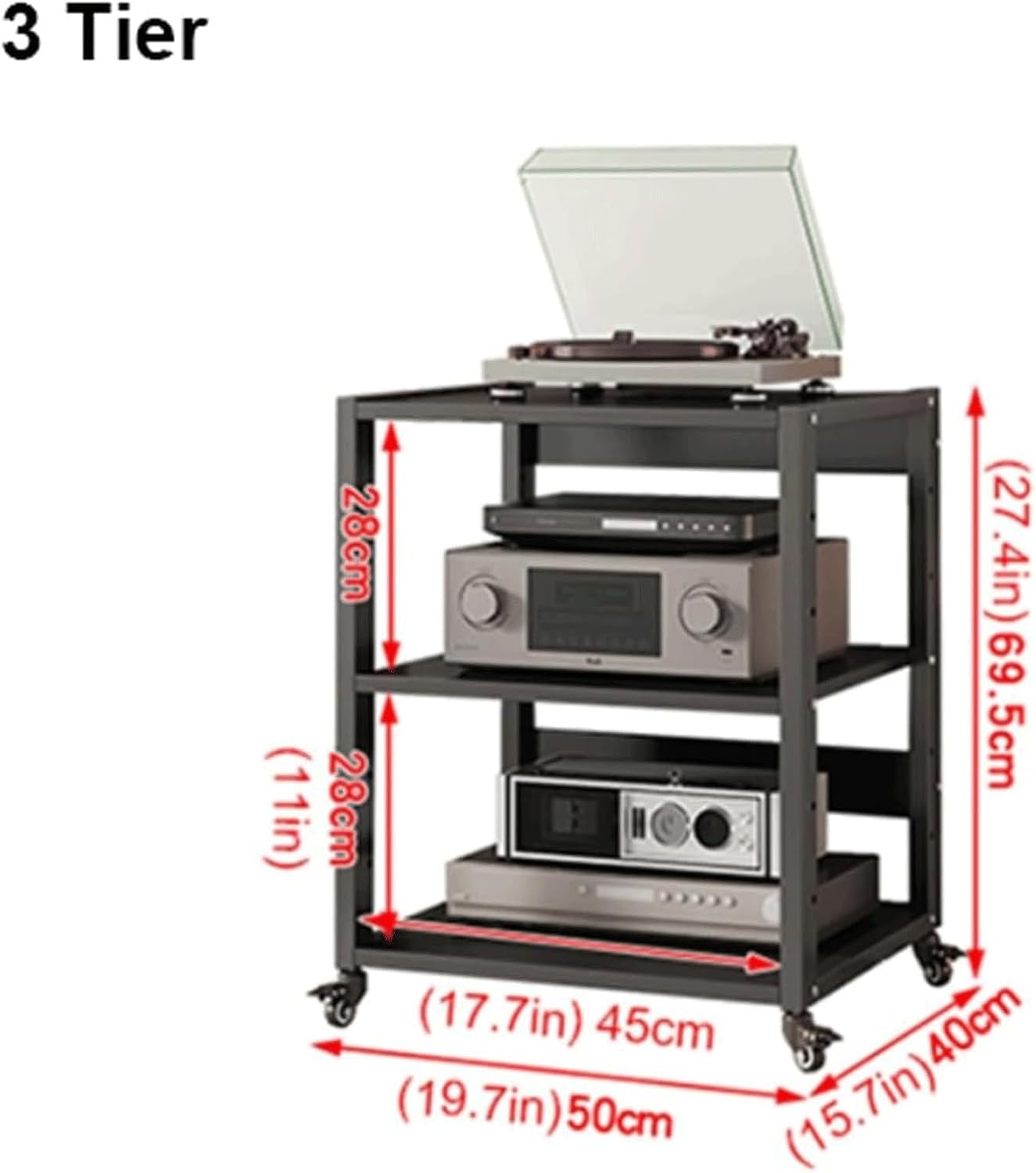 PZEOB Audio Rack Cabinet Av Media Stand with Wheels Adjustable Audio-Video Shelving Modern Stereo Cabinet Space-Saving Stereo Stands(3 Tier(69.5cm))