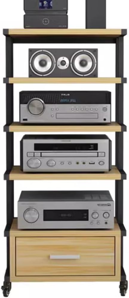 NILZA Audio Rack Media Cabinet 3/4/5-tier Stereo Stand Wooden Stereo Cabinet AV Rack with Drawer Audio/Video/Media Stand Corner Shelf Stereo Components Cabinet(Black+Walnut