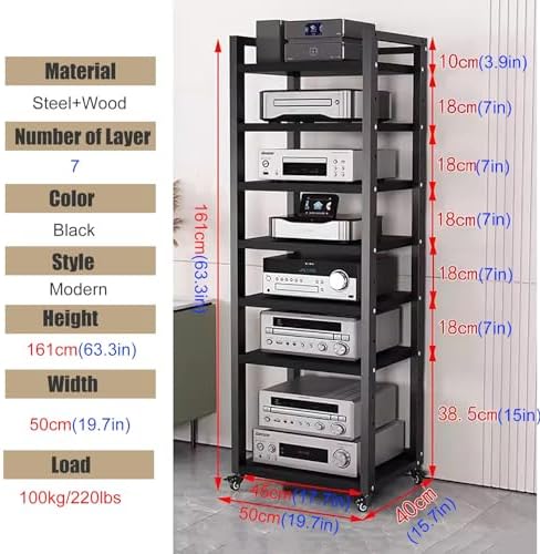 UYCVT Heavy Duty Media Storage Cabinet - 7-Tier Adjustable Audio-Video Rack with Rolling Shelves for Living Room Home Office - Tall Stereo Components Stand in Stylish Design-Black-#3-7 Tier