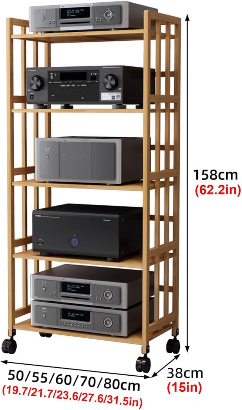 5-Tiers Movable Bamboo AV Media Stand CD Player Stand Stereo Rack on Wheels