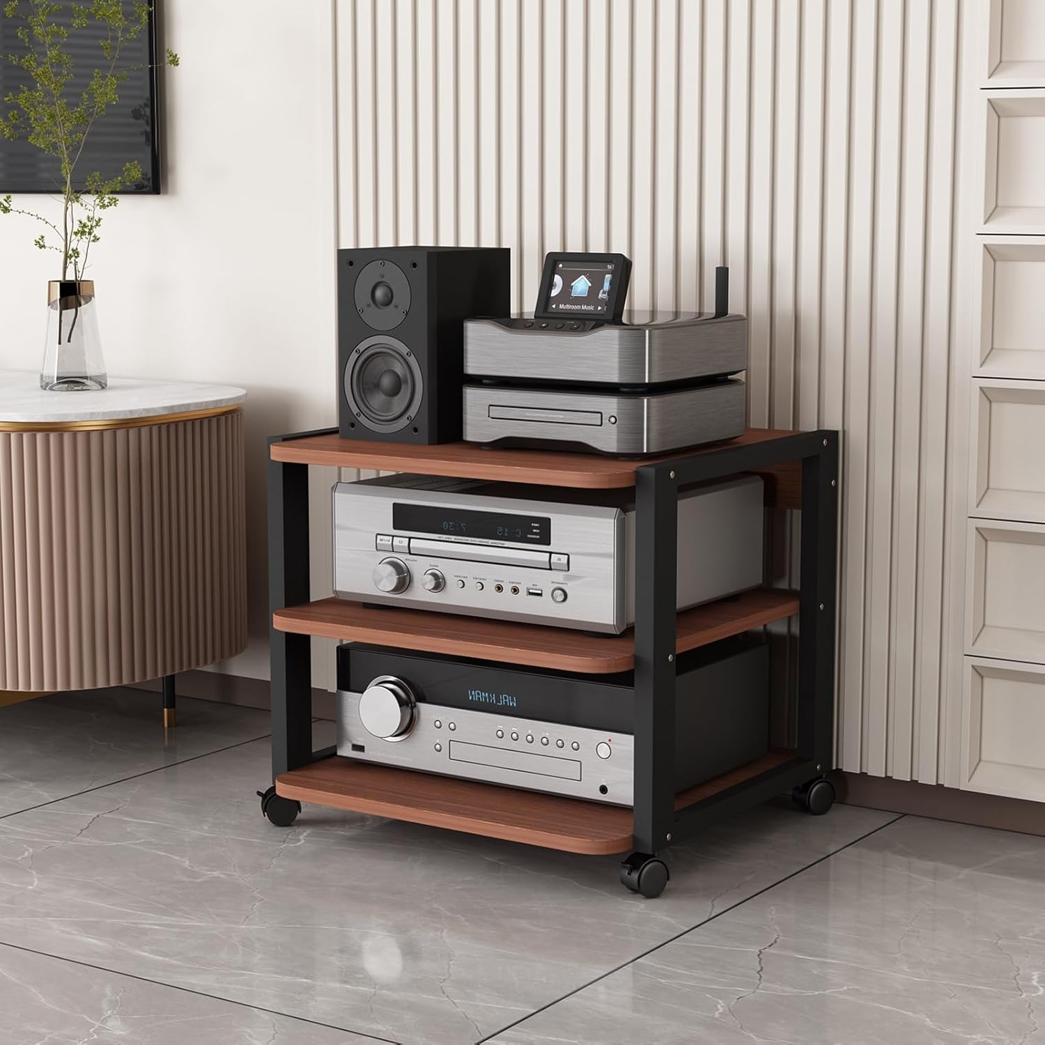 3-Tier AV Media Players Stand Movable Wooden Shelves Corner TV Stand Amplifier Rack Audio Stand Stereo Component Cabinet Multi-Function Open Storage Shelf for Home/Office/Theater (Color : C)