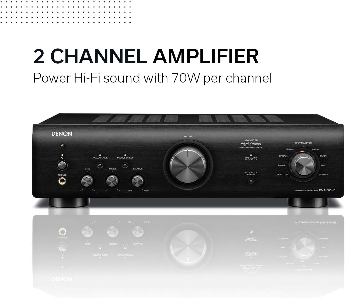 Denon PMA-600NE Stereo Integrated Amplifier | Bluetooth Connectivity | 70W x 2 Channels | Built-in DAC and Phono Pre-Amp | Analog Mode | Advanced Ultra High Current Power (Renewed)