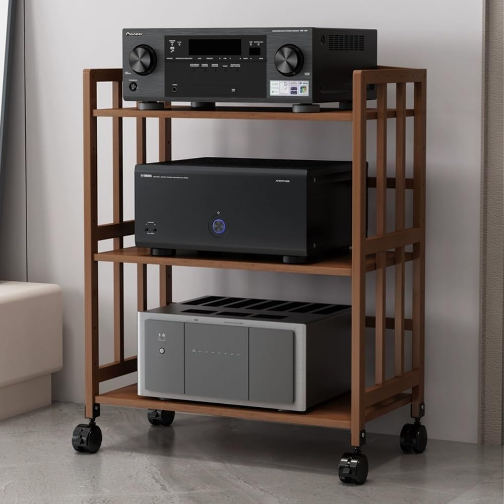 Wooden Media Audio Rack With Wheels