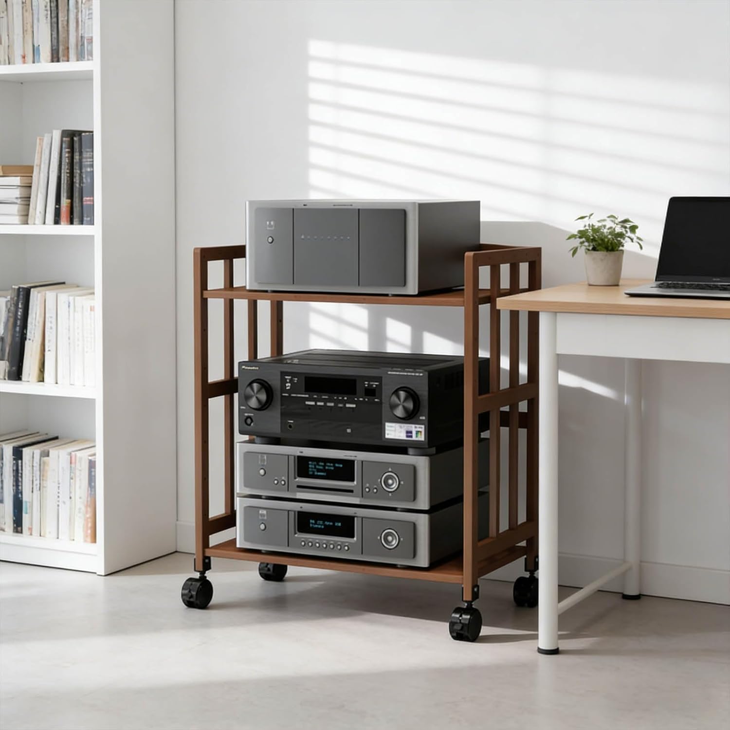 Mobile Two-Tier Av Equipment Rack Raised Speaker Stand Bamboo Home Theater Portable Storage Rack(38x55x77cm)