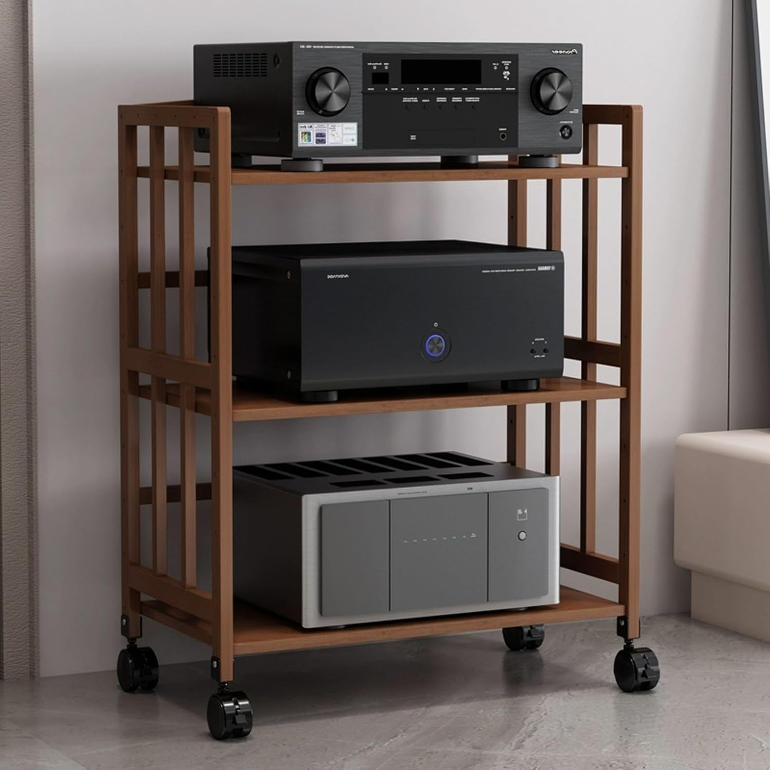 Av Media Stand Adjustable Corner Shelf Stand with Adjustable Wooden Shelves Stereo Cabinet Furniture with 4 Lockable Wheels Audio Video Rack Tower Wooden Shelves Standing Brown(3tier-1.8x1.2x2.9ft)