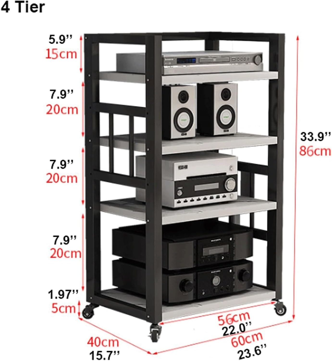 PZEOB Audio Rack Cabinet Wooden Stereo Stand with Wheels Audio Tower Rack Media Stand 4 Tier Audio Rack Shelves for Home