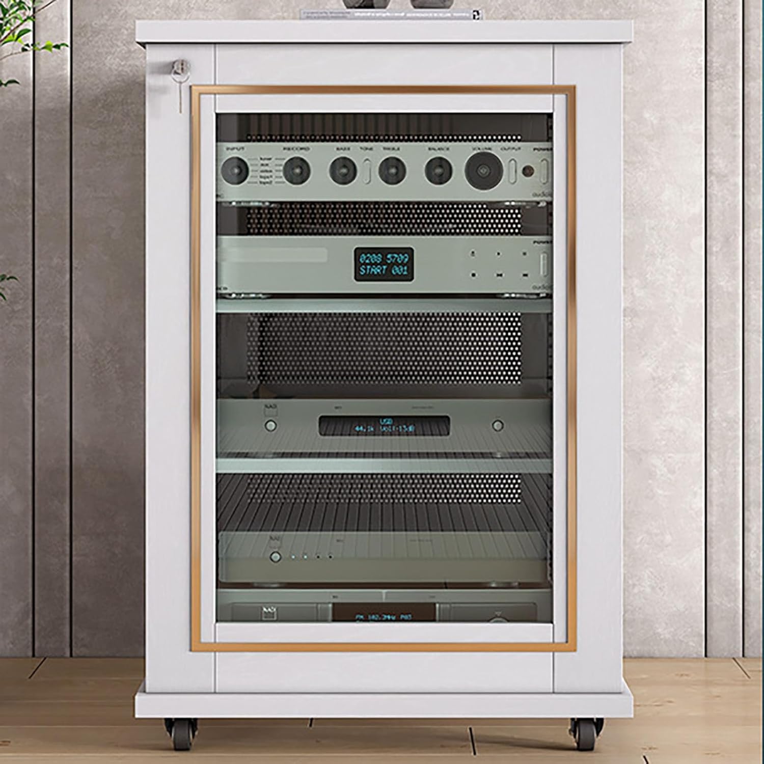 Elegant Stereo Cabinet with Wheels - Wooden AV Media Stand with Storage Shelves
