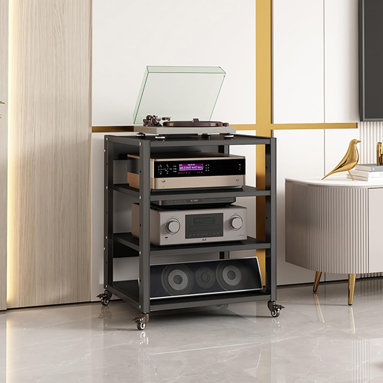 Adjustable 4-Tier Media Cabinet - Modern Audio Video Stand & CD Rack for Home Office & Theater