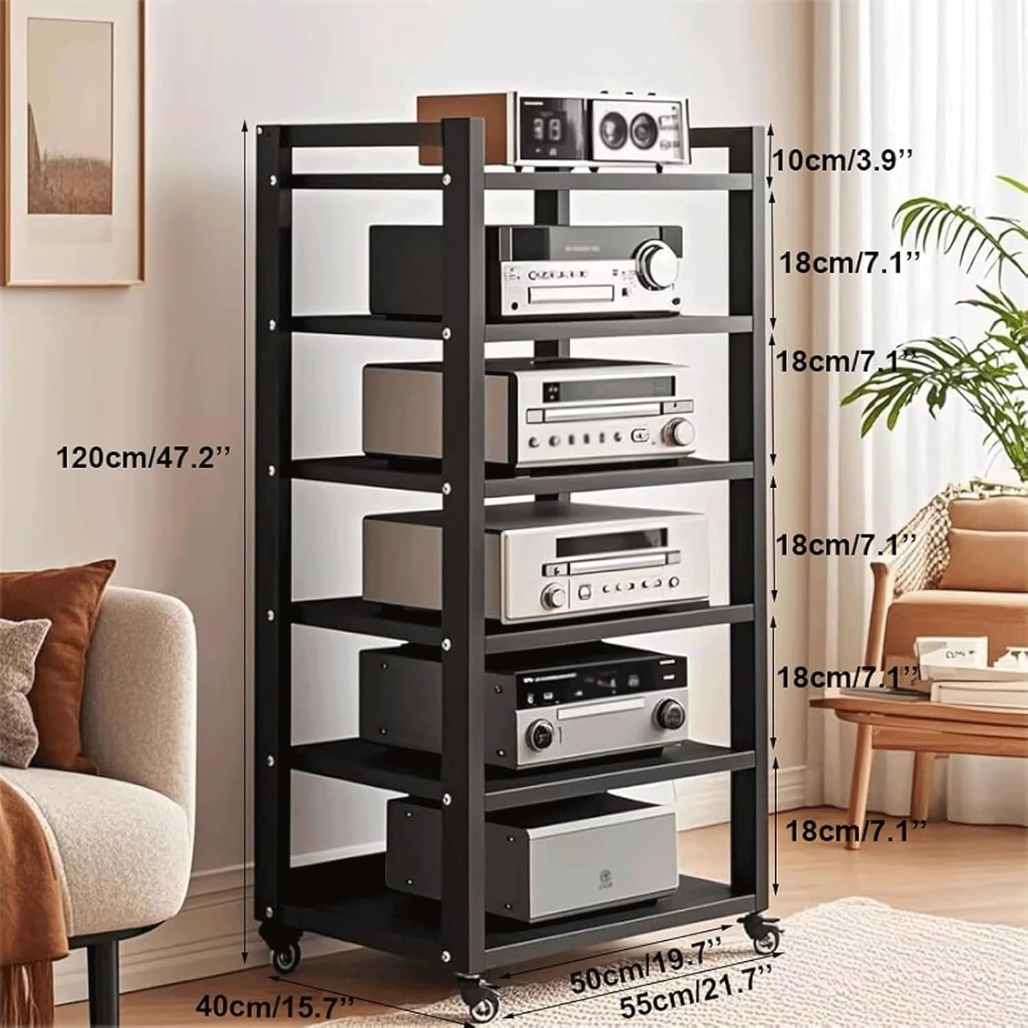 PZEOB 6 Tier AV Media Stand with Adjustable Wood Shelves Audio Rack Tower Stereo Components Cabinet