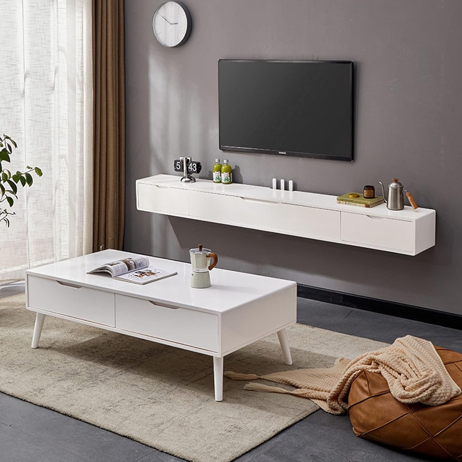 UYCVT White Floating Tv Stand with 2 Drawers Solid Wood Wall Mounted Entertainment Center for Tv Screen Under 55.1 Inch Tv Cabinet Media Console Table Wall Mounted Tv Unit-White-140Cm