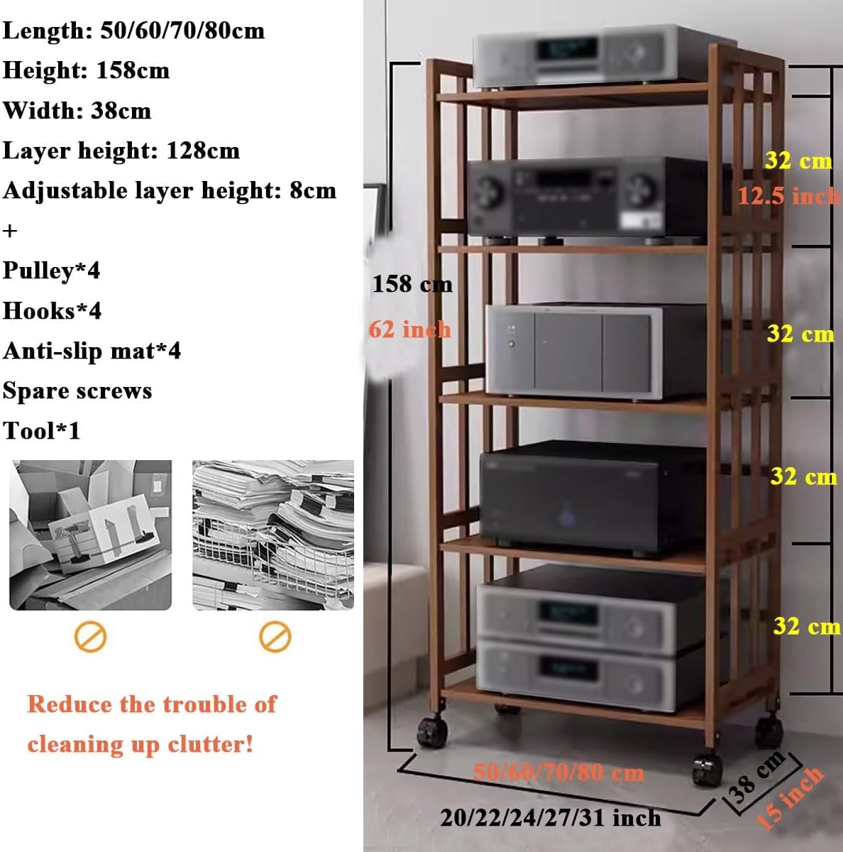WUHUQN Media Stand 5 Tier 62 Inch Tall Cabinet Furniture for Stereo Equipment