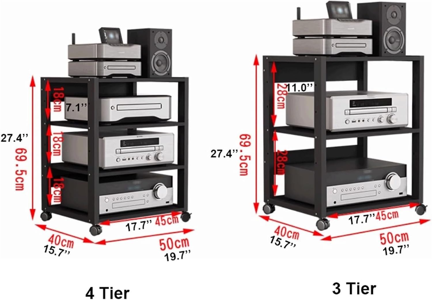 PZEOB Mobile Rack Audio Tower Height Adjustable Shelves Wooden Media Stand with Wheels Audio-Visual Shelving Stereo Stands Audio Rack Cabinet(Black