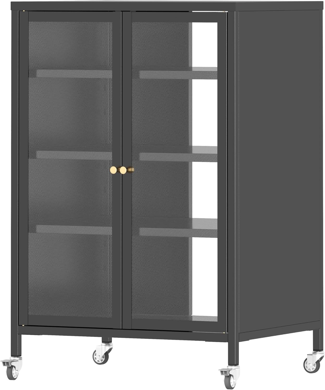 AMNOOI Heavy-Duty Media Storage Cabinet with Wheels - Adjustable 4-Shelf AV TV Stand with Tempered Glass Doors