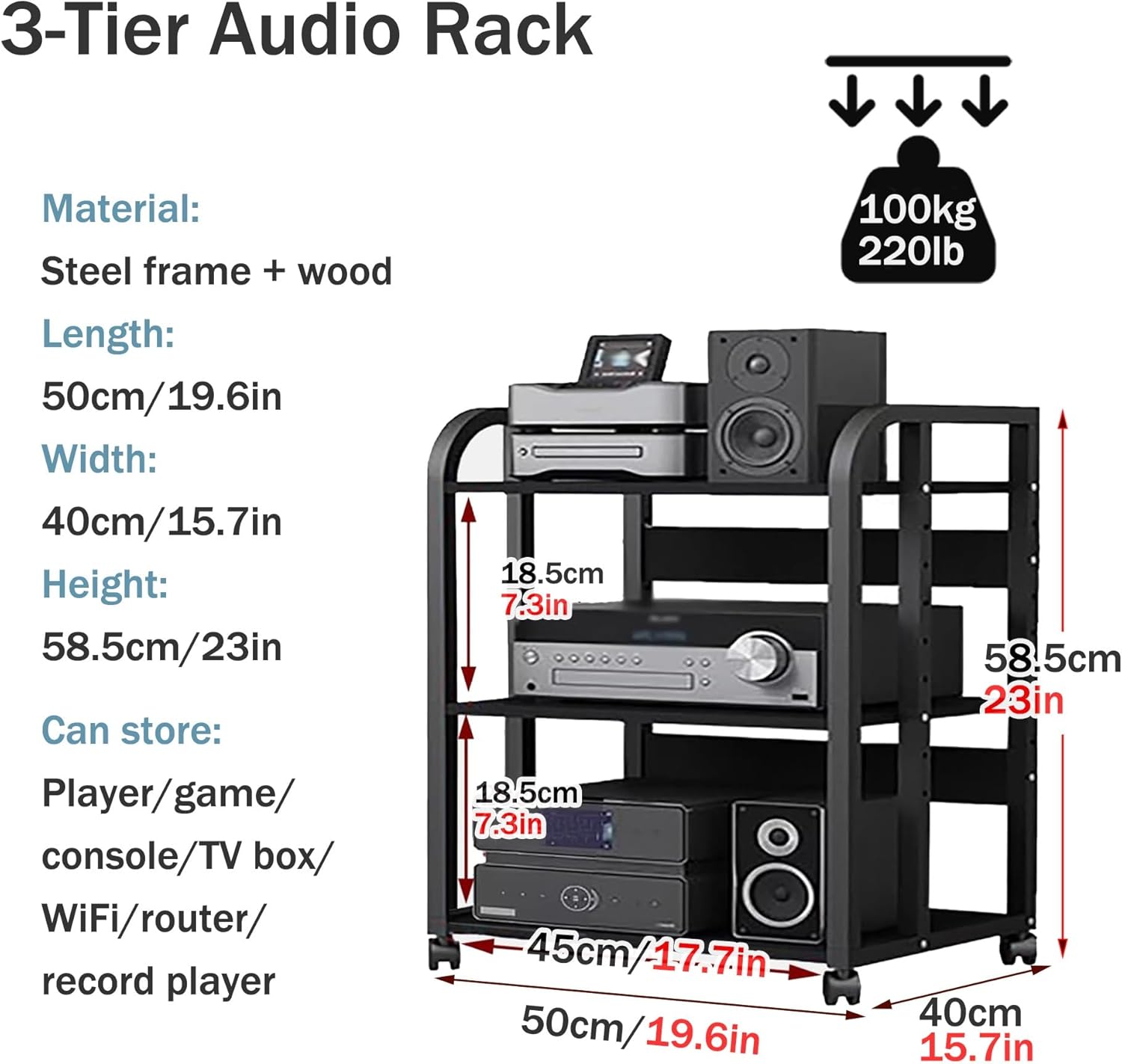 AV Media Stand with Wheels - 3-Tier Audio Rack