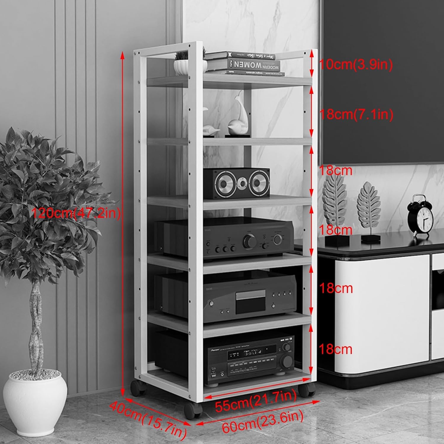 6-Tier Movable AV Media Stand Multi-Function Open Storage Rack with Height Adjustable Wooden Shelf