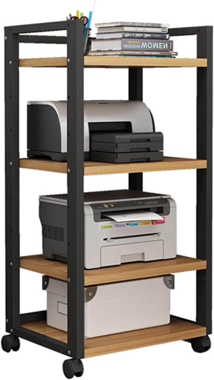 YLQFGUVWK 4 Tier AV Media Cabinet Stand Assembly Cabinet Storage Rack Home Storage Book Shelf Floor Stand Open Storage Cart with Wheels Office Printer Stand