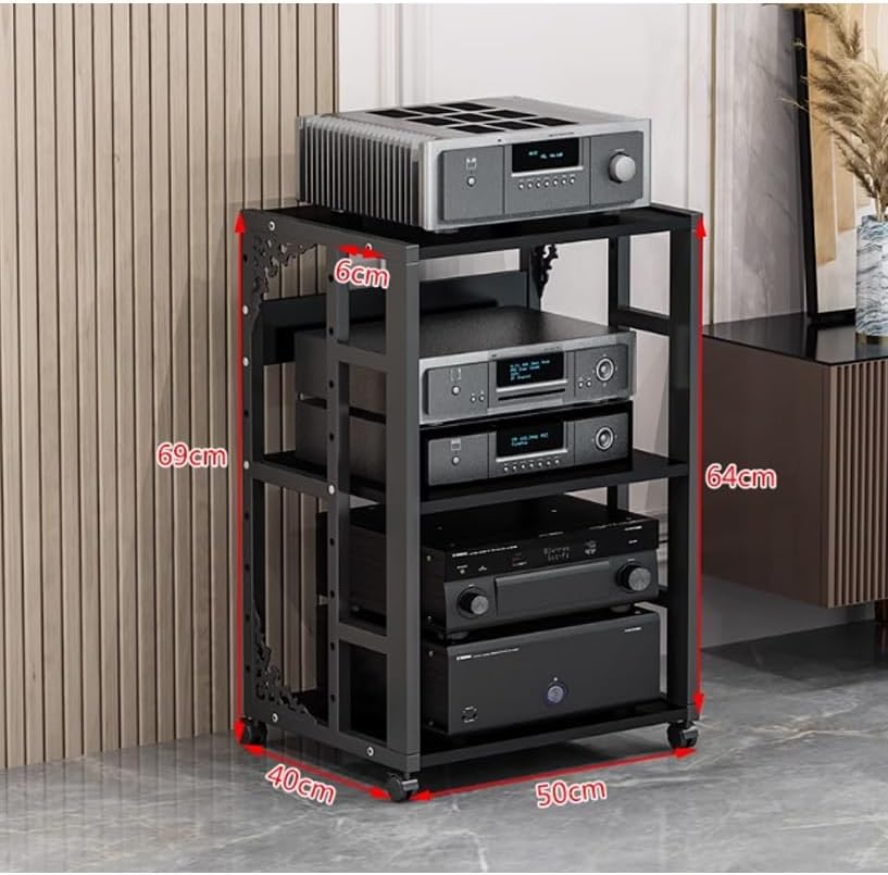 Modern Audio-Video Media Stand with Wheel Home Stereo System Entertainment Components Cabinet Open Storage Rack Floor-Standing Multi-Function Shelf Cabinet for Office Audio Video Theater(Black