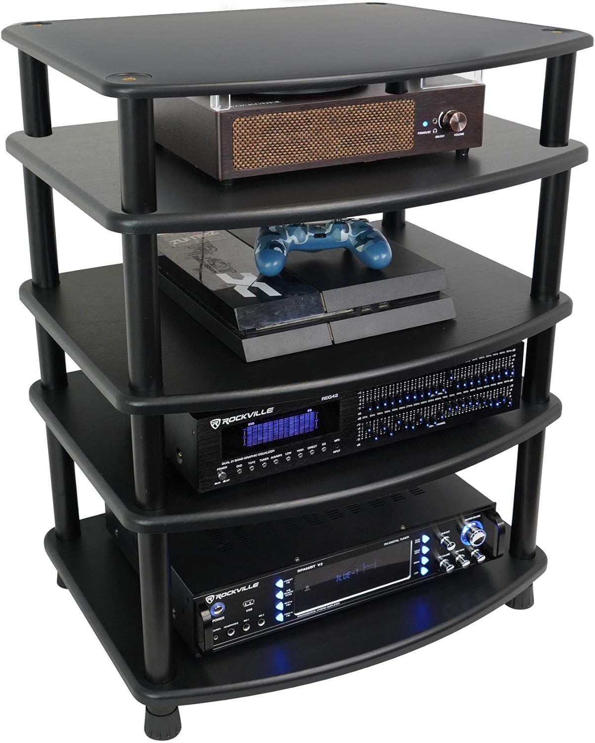 Rockville Bundle: Rockville FLX Black Adjustable Height 4 Shelf Home Theater A/V Audio Rack Stand Bundle with Rockville Shelf for FLX Black Add-On Shelf + Tubes for FLX Black (2 Items)