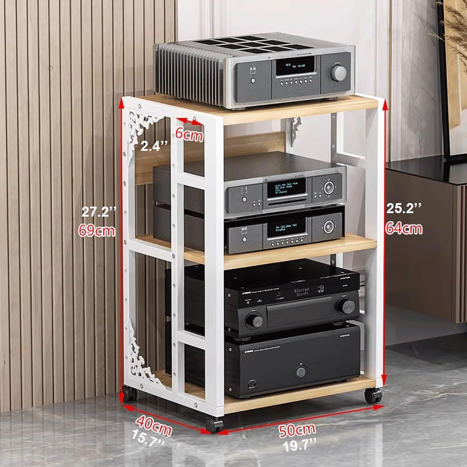 XMFBSY Medios 3/4/5 Tier AV Media Stand with Wheels Media Console HiFi Cabinet with Adjustable Shelves Modern CD Record Player Stereo Component Rack for Home Office Theater Organizer(White