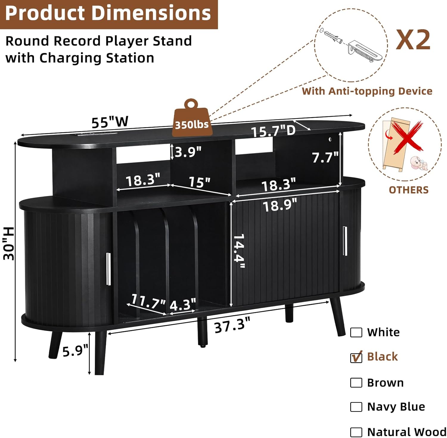 LELELINKY Large Round Record Player Stand with Charging Station & Fluted Panel