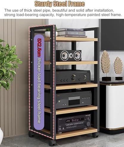 UYCVT Media Storage Cabinet On Wheels with Adjustable 4-Tier Wooden Shelves Floor-Standing Audio Video Organizer for Stereos Black-4 tier-50cm Wide