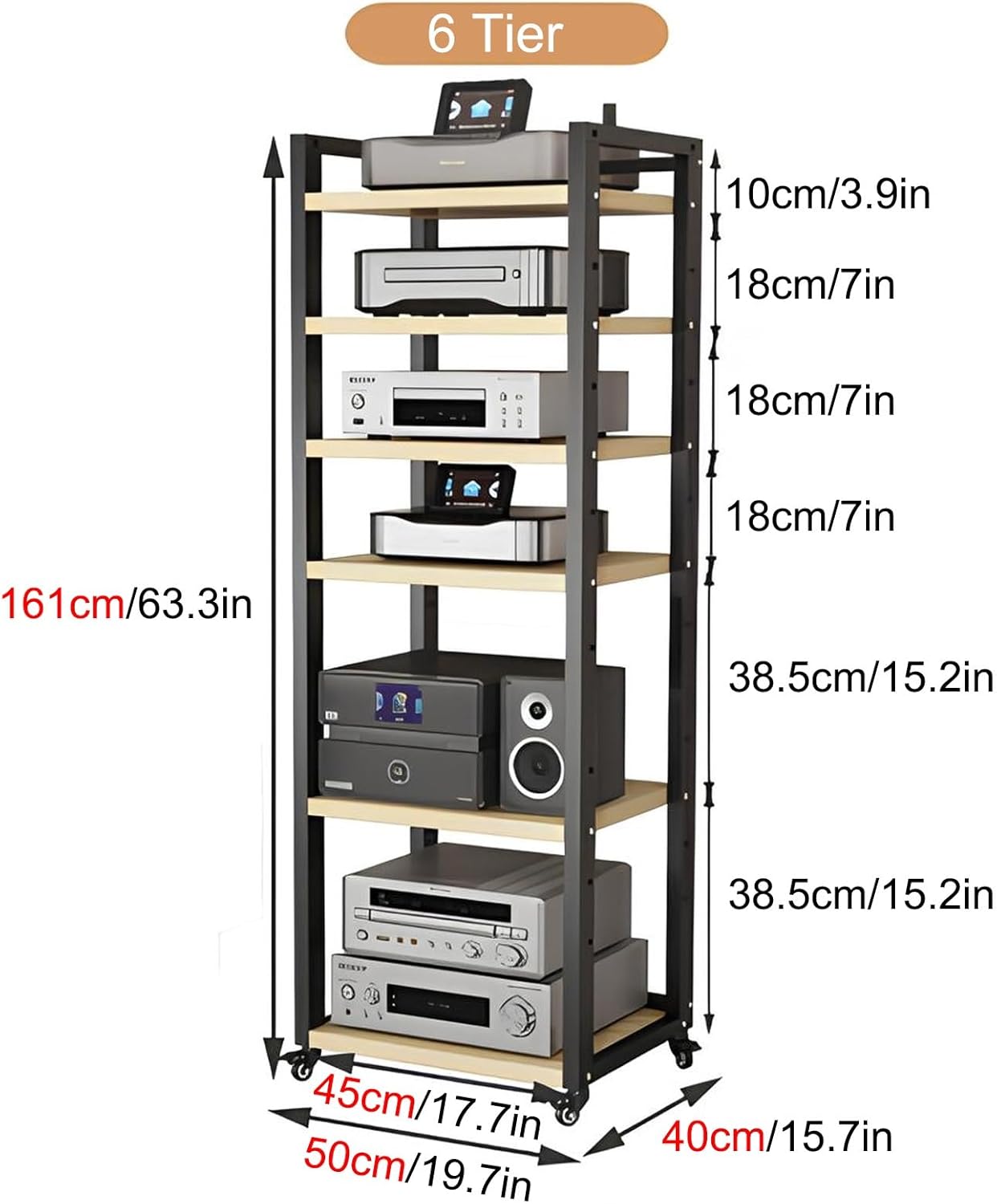 AV Media Stand Floor-Standing Audio Video Rack with Wheels | Height Adjustable Stereo Components Cabinet | Living Room/Home/Office Organizer Shelf (Walnut)