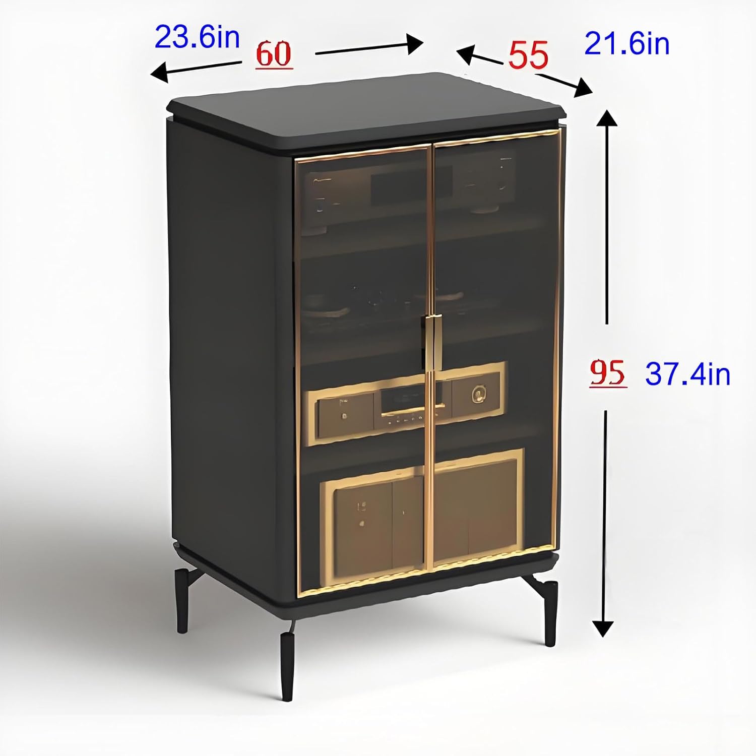 UYCVT Media Storage Cabinet Adjustable Av Rack with Glass Doors Black Audio Video Stand Gaming Media Cabinet Stylish Av Stereo Shelf Unit-Black-95x60x55cm