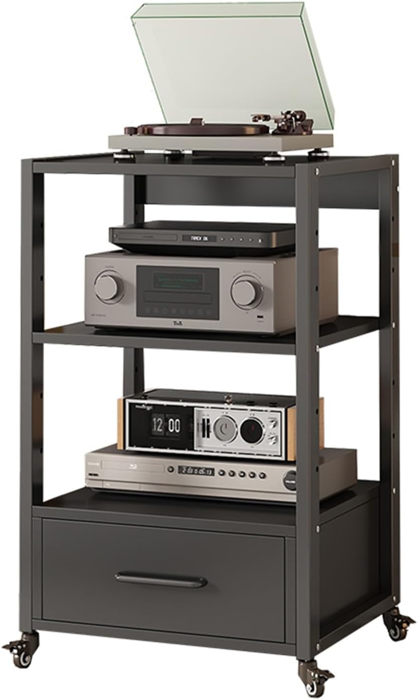 3-Tier Movable AV Media Stand Record Player Stand Entertainment Center Stereo Components Storage Cabinet Audio Rack with Height Adjustable Wooden Shelf and Drawer for Home/Office/Theater