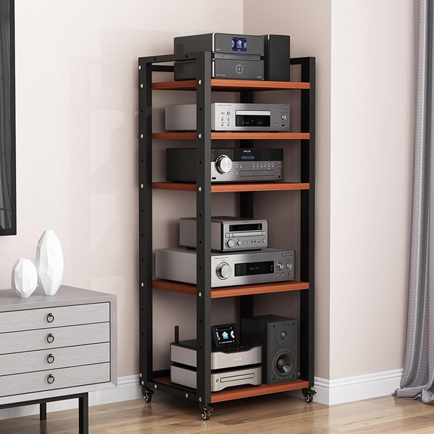 5/6/7-Tier AV Media Stand Audio Rack CD Player Stand Entertainment Stereo Components Storage Cabinet with Height Adjustable Wooden Shelf for Home/Office/Theater